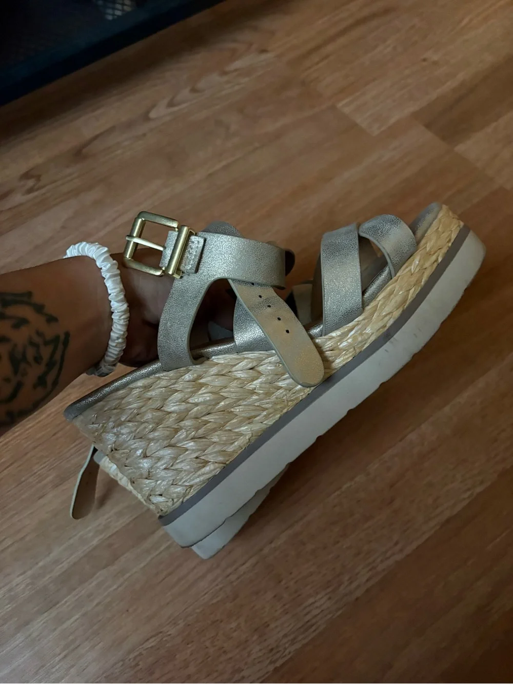 Soda Metallic Gold Crisscross Wedge Sandals